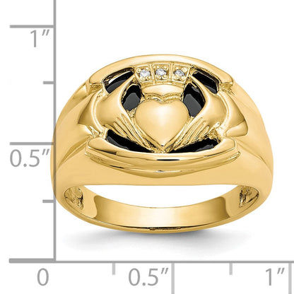 10K Gelbgold Herren-Ring mit echtem Diamant und schwarzem Onyx im Claddagh-Design