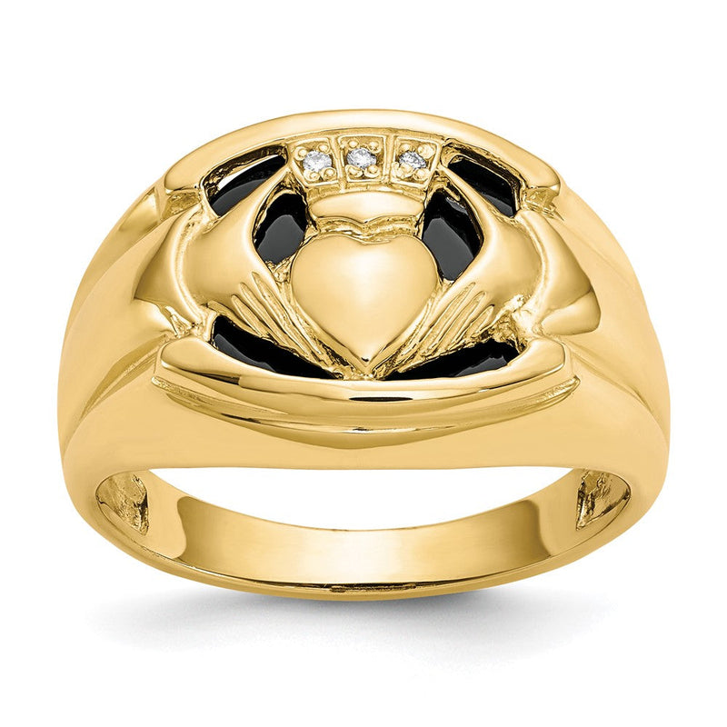 10K Gelbgold Herren-Ring mit echtem Diamant und schwarzem Onyx im Claddagh-Design