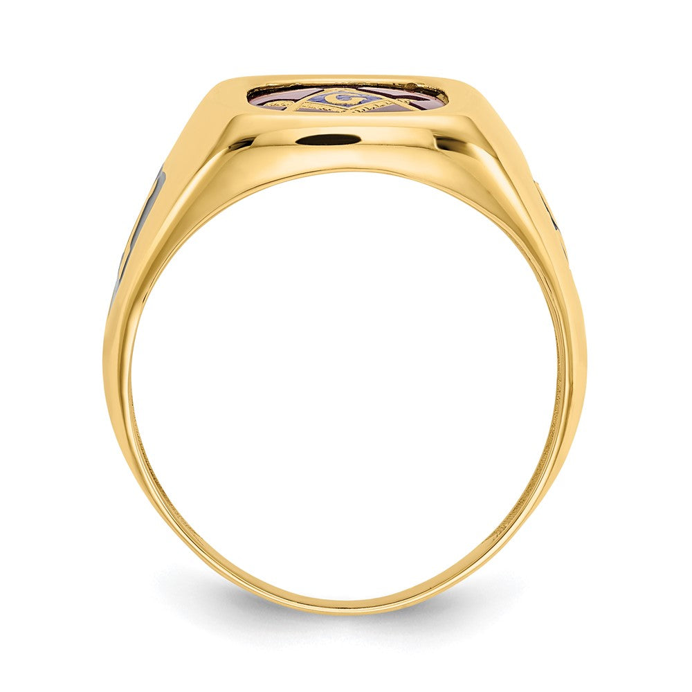 10K-Gelbgold Herren-Ring, poliert und texturiert, mit schwarzer Emaille und im Labor gezüchtetem Rubin, Freimaurer-Ring