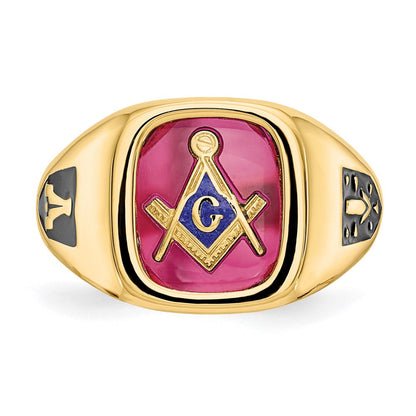 10K-Gelbgold Herren-Ring, poliert und texturiert, mit schwarzer Emaille und im Labor gezüchtetem Rubin, Freimaurer-Ring