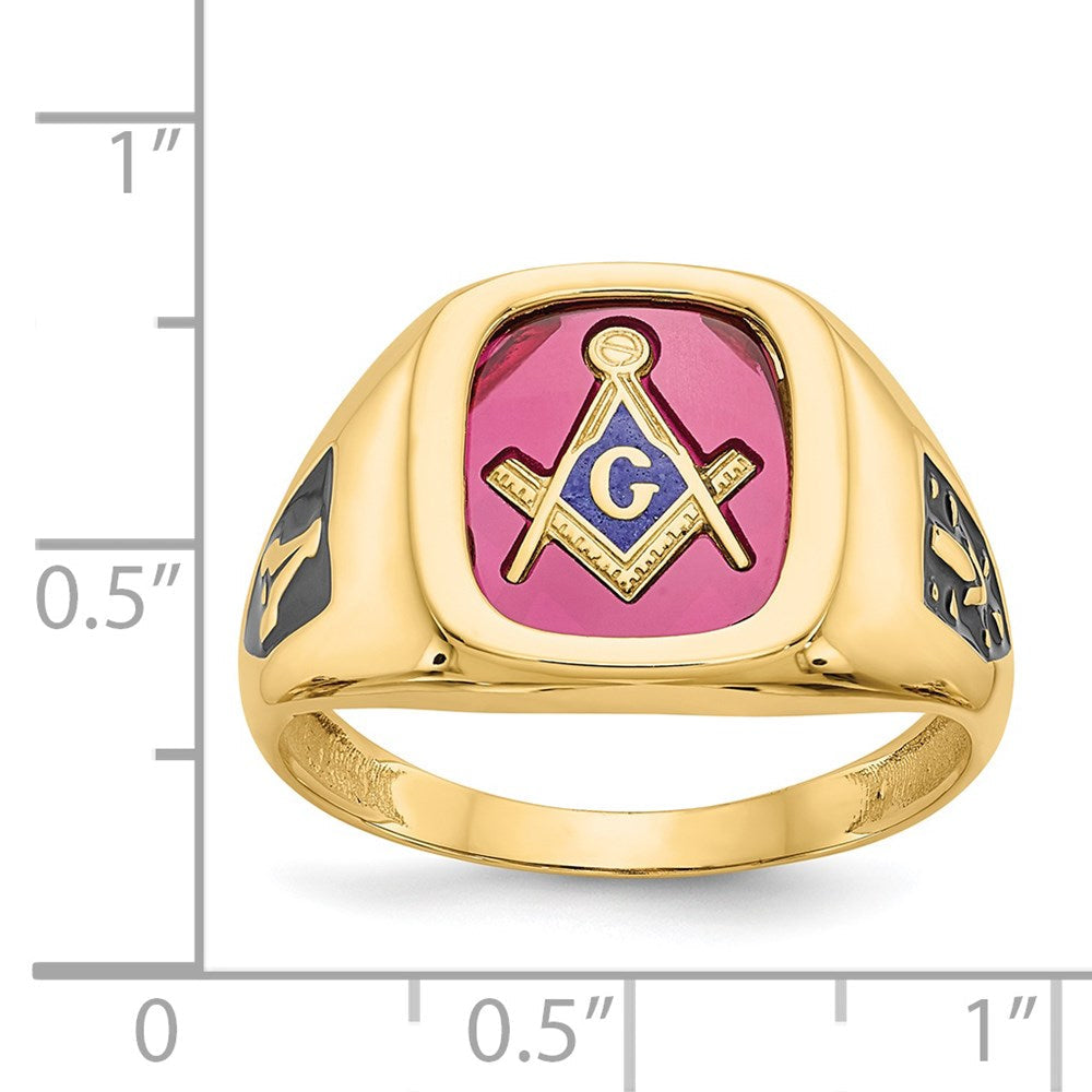 10K-Gelbgold Herren-Ring, poliert und texturiert, mit schwarzer Emaille und im Labor gezüchtetem Rubin, Freimaurer-Ring