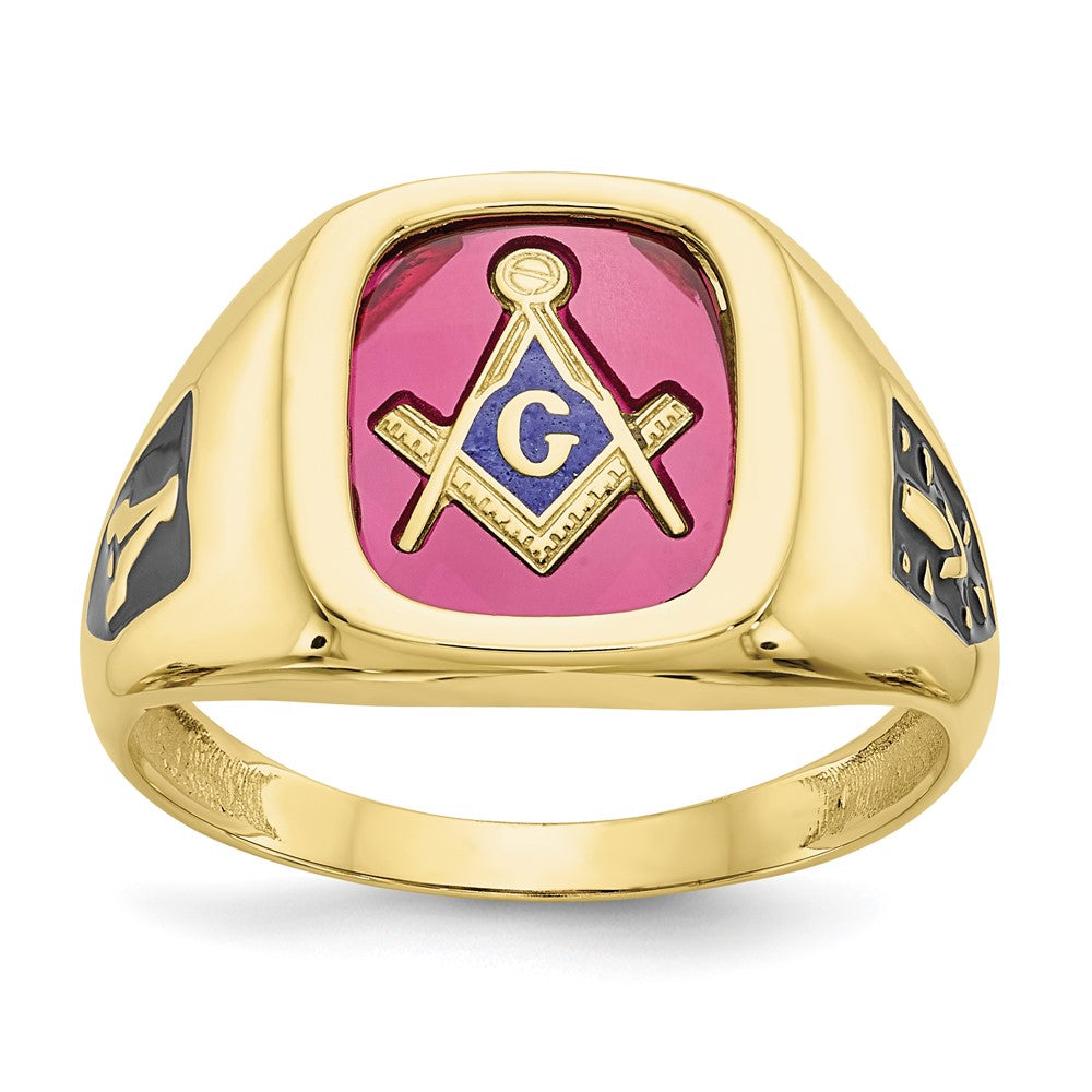 10K-Gelbgold Herren-Ring, poliert und texturiert, mit schwarzer Emaille und im Labor gezüchtetem Rubin, Freimaurer-Ring