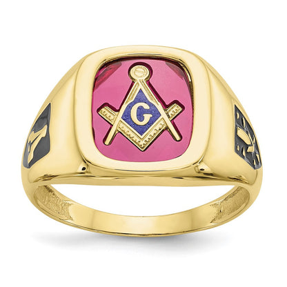 10K-Gelbgold Herren-Ring, poliert und texturiert, mit schwarzer Emaille und im Labor gezüchtetem Rubin, Freimaurer-Ring