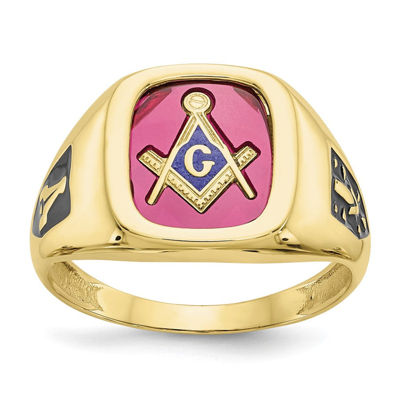 10K-Gelbgold Herren-Ring, poliert und texturiert, mit schwarzer Emaille und im Labor gezüchtetem Rubin, Freimaurer-Ring