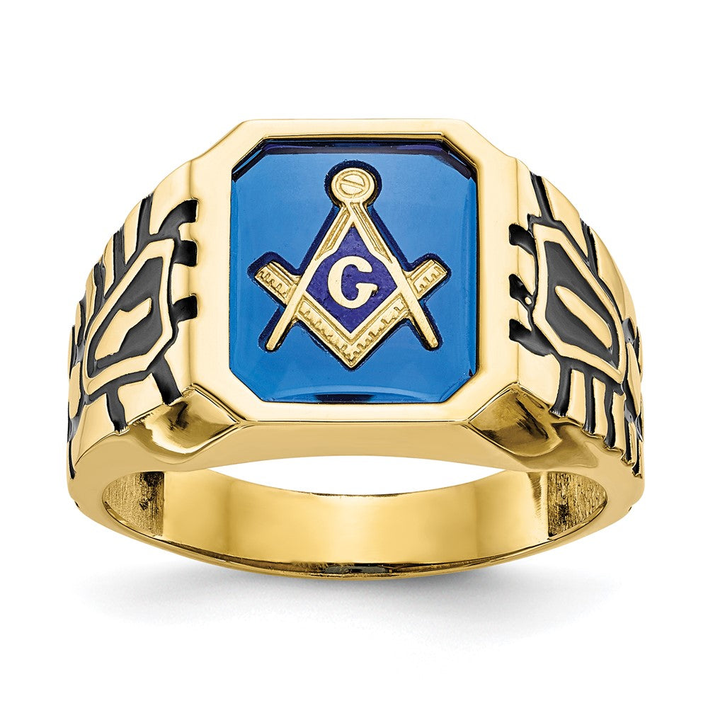 10K Gelbgold Herren-Freimaurer-Siegelring, poliert, antikisiert und geriffelt, mit imitiertem blauem Spinell