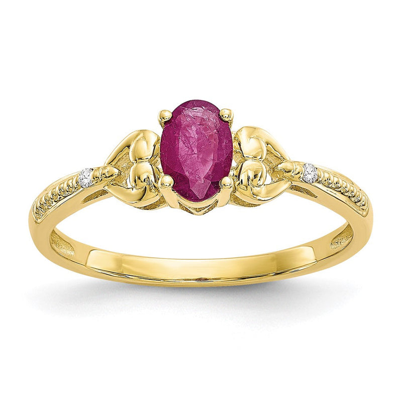 Ring mit echtem ovalem Rubin 6x4 mm und Diamanten, 10K Gelbgold, Geburtsstein-Schmuck für Juli