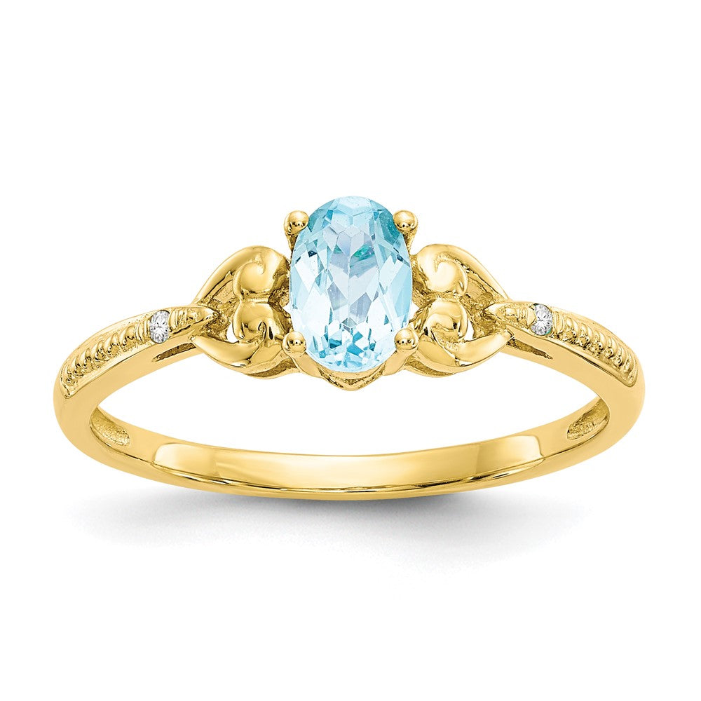 10K Gelbgold Ring mit ovalem Swiss-Blue-Topas und natürlichem Diamant