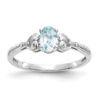 14K Weißgoldring mit ovalem Aquamarin und natürlichen Diamanten