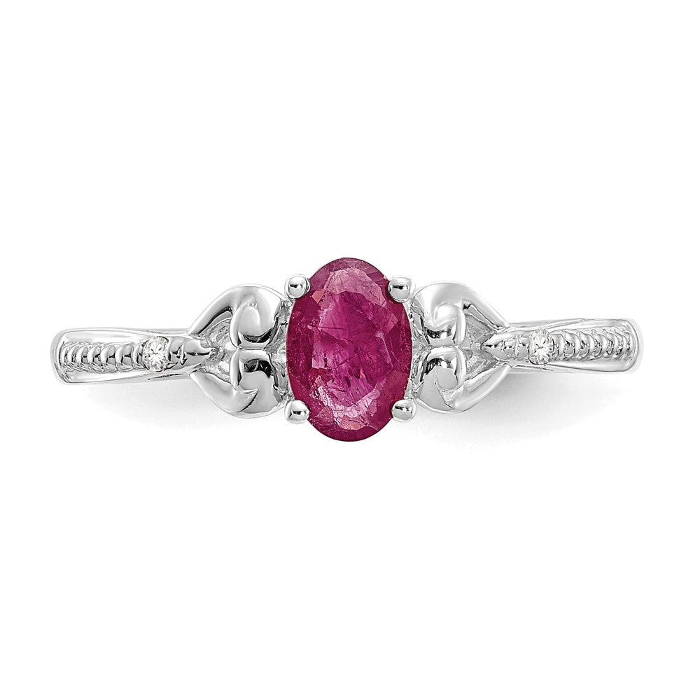 Ring mit ovalem Rubin, 6x4 mm, und Diamanten, 14K Weißgold, Geburtsstein-Schmuck für Juli