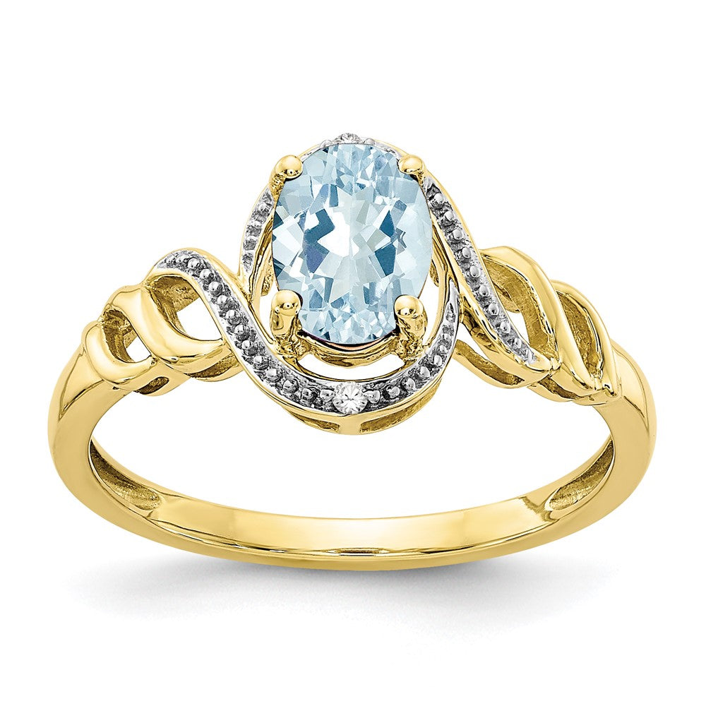 10K Gelbgold Ring mit Aquamarin und echten Diamanten