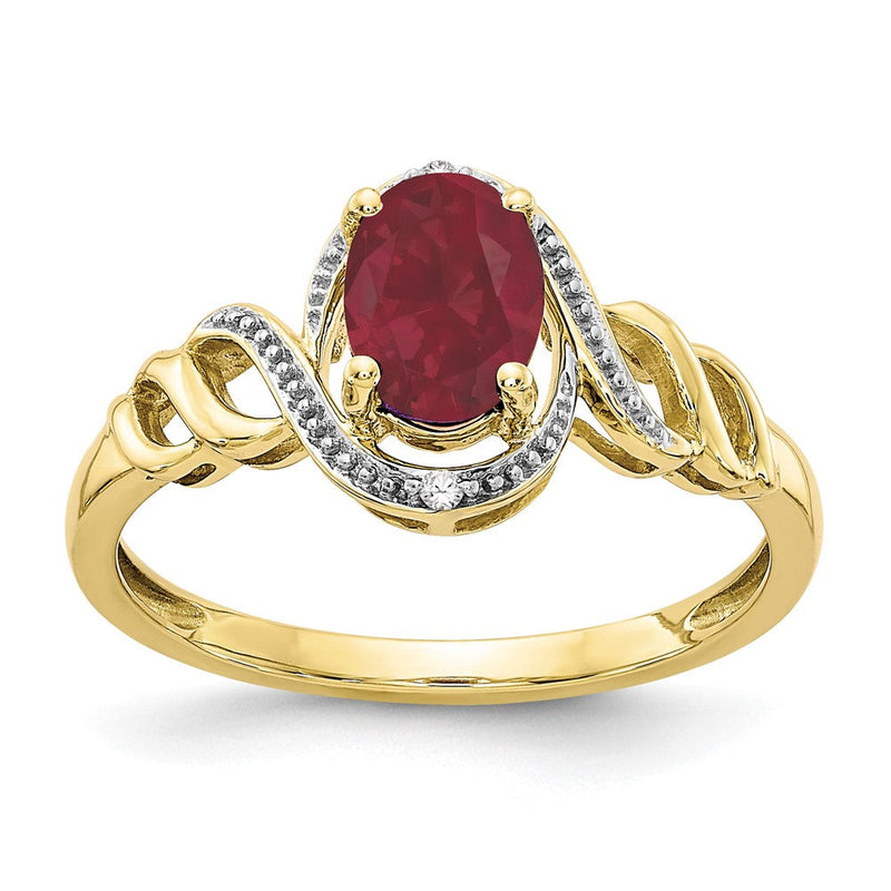 Ring aus 10K Gelbgold mit 7x5 mm natürlichem Rubin und Diamant – Juli-Geburtsstein
