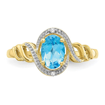 10K Gelbgold Ring mit hellem Swiss-Blue-Topas und Diamanten