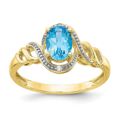 10K Gelbgold Ring mit hellem Swiss-Blue-Topas und Diamanten