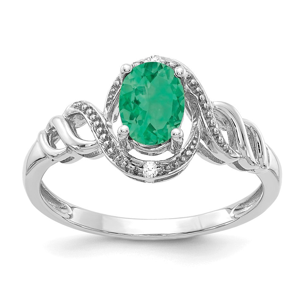 14K Weißgold Ring mit Smaragd und echtem Diamant