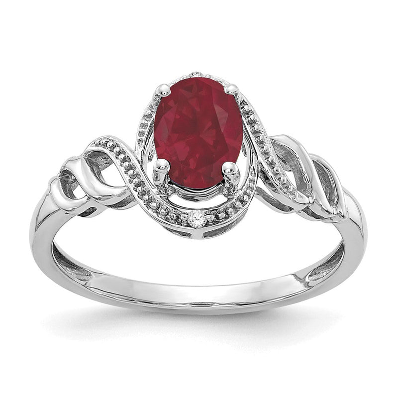Ring mit ovalem Rubin 7x5 mm und Diamanten in 14K Weißgold – Geburtsstein Juli