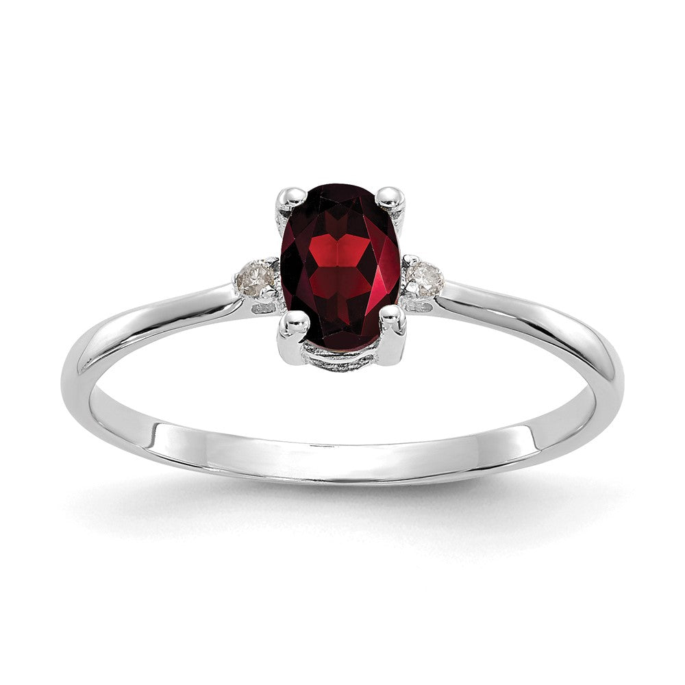 14K Weißgold Ring, poliert, mit echtem Diamant und Granat als Geburtsstein