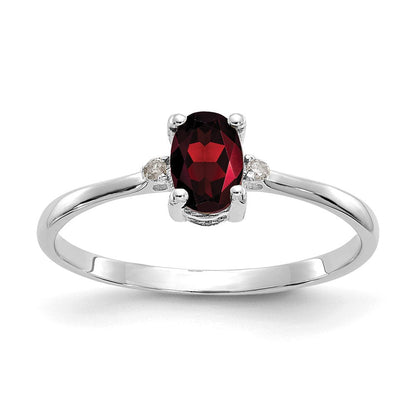 14K Weißgold Ring, poliert, mit echtem Diamant und Granat als Geburtsstein