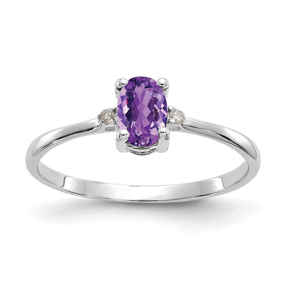 14K Weißgold Ring, poliert, mit echtem Diamanten und Amethyst-Geburtsstein