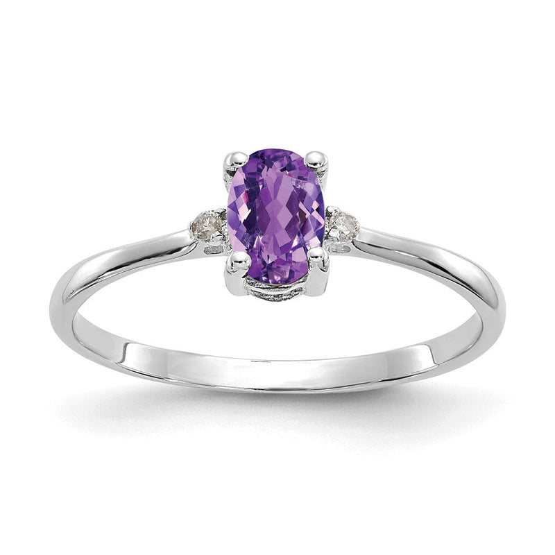 14K Weißgold Ring, poliert, mit echtem Diamanten und Amethyst-Geburtsstein