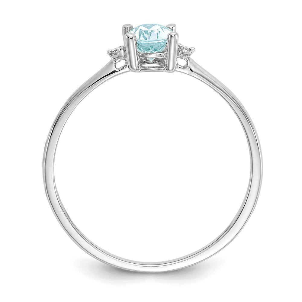 14K Weißgold Ring, poliert, mit echten Diamanten und Aquamarin-Geburtsstein