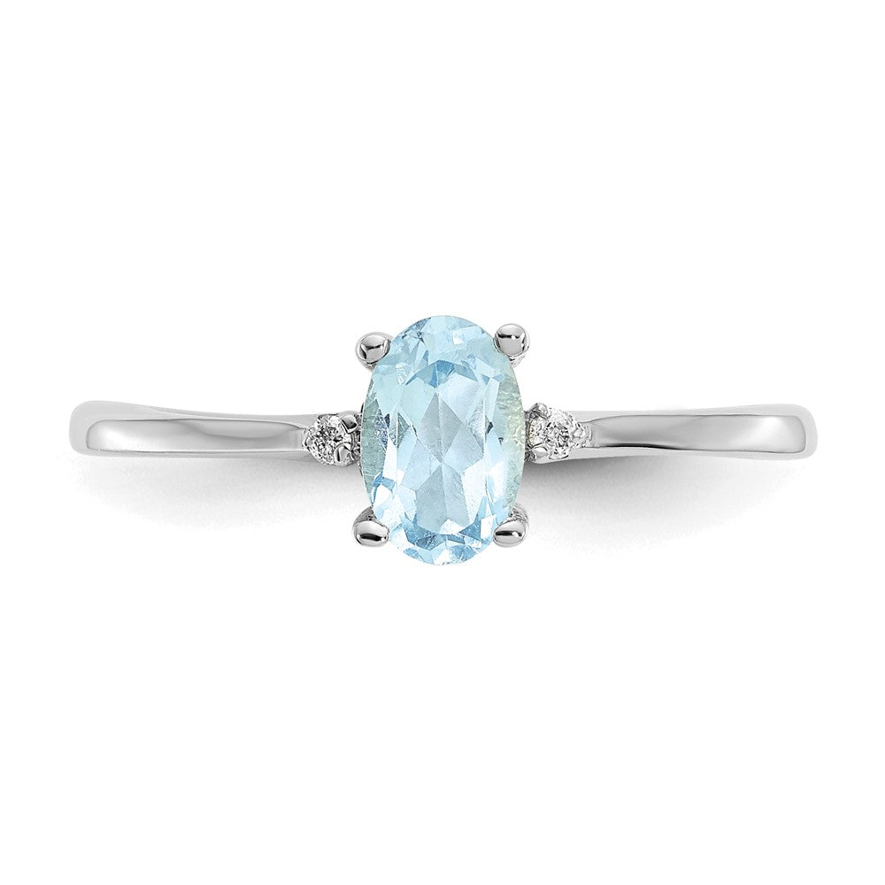 14K Weißgold Ring, poliert, mit echten Diamanten und Aquamarin-Geburtsstein