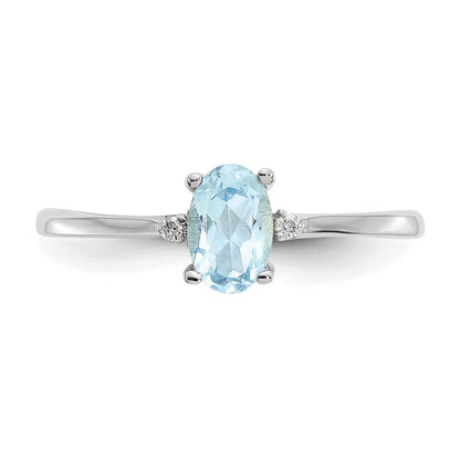 14K Weißgold Ring, poliert, mit echten Diamanten und Aquamarin-Geburtsstein