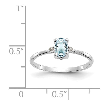 14K Weißgold Ring, poliert, mit echten Diamanten und Aquamarin-Geburtsstein