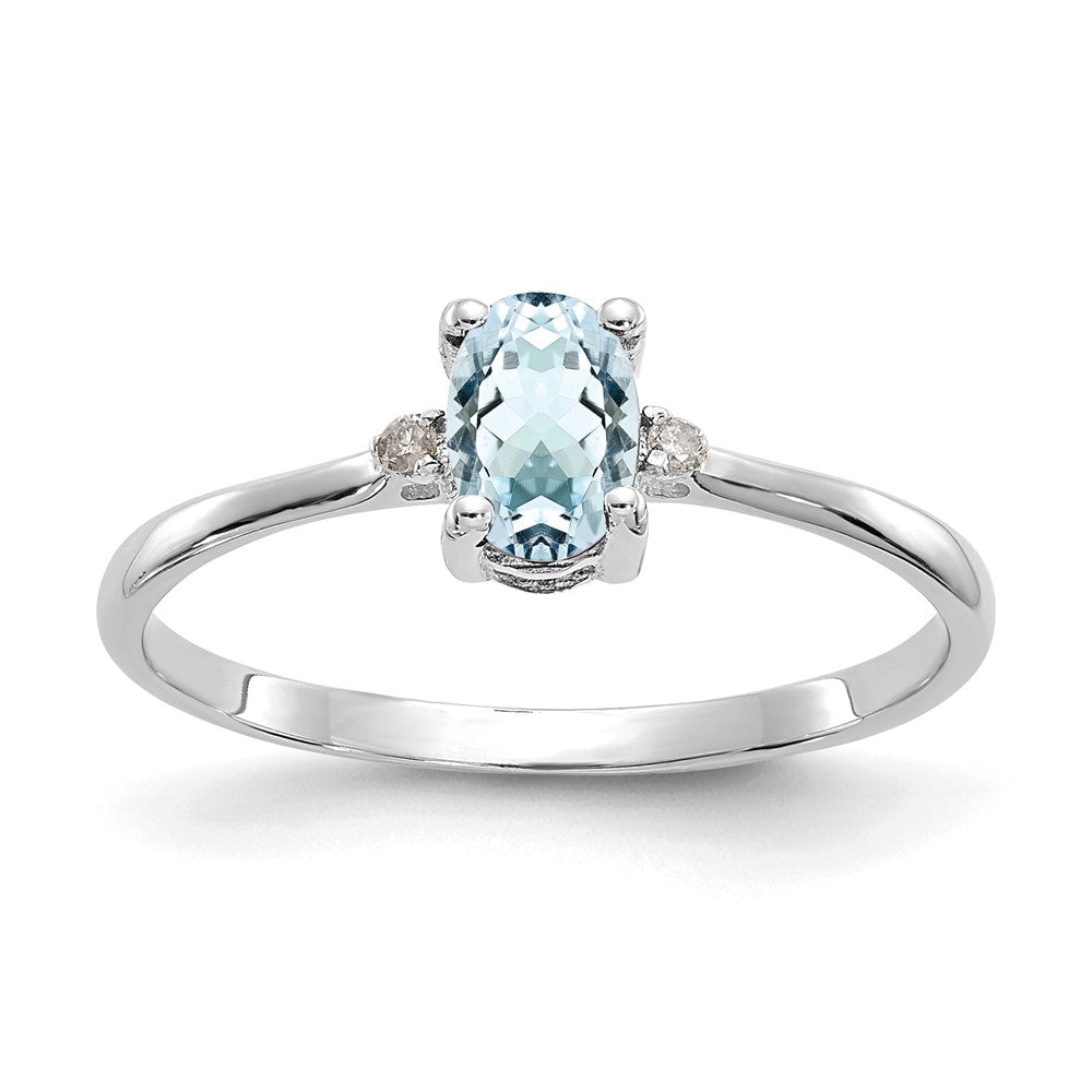 14K Weißgold Ring, poliert, mit echten Diamanten und Aquamarin-Geburtsstein
