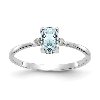 14K Weißgold Ring, poliert, mit echten Diamanten und Aquamarin-Geburtsstein