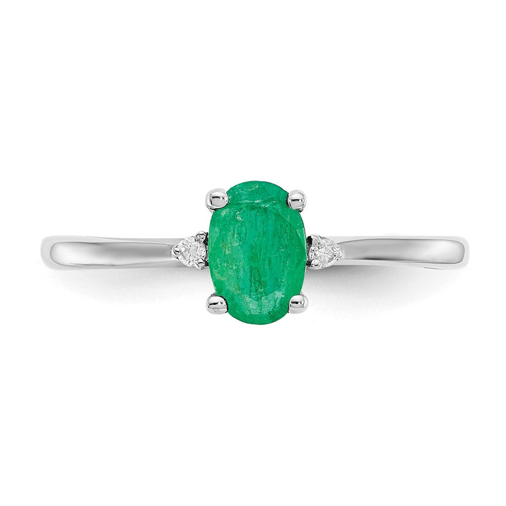 14K Weißgold Ring poliert mit echtem, echtem Diamant und Smaragd-Geburtsstein