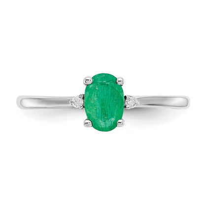 14K Weißgold Ring poliert mit echtem, echtem Diamant und Smaragd-Geburtsstein