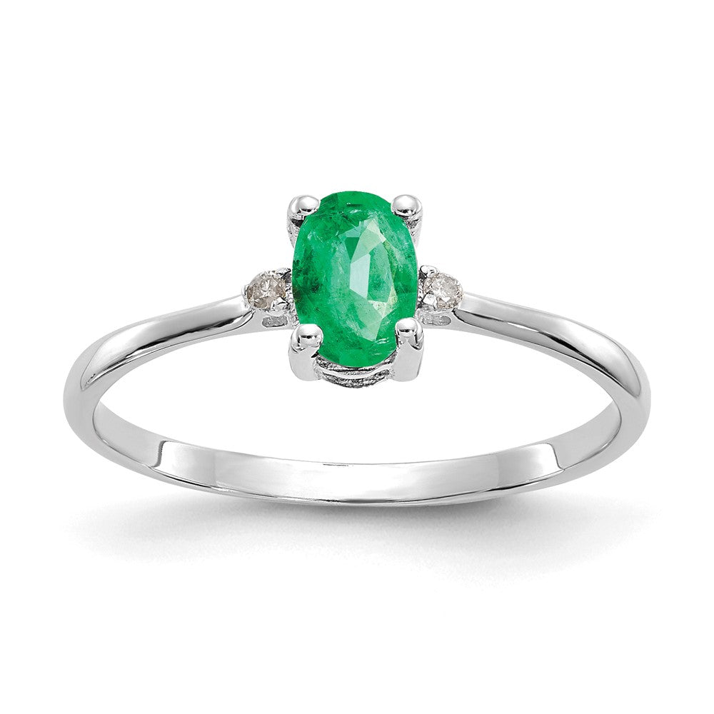 14K Weißgold Ring poliert mit echtem, echtem Diamant und Smaragd-Geburtsstein