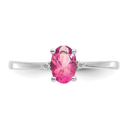 10K Weißgold Ring, poliert, mit echtem Diamant/rosa Turmalin-Geburtsstein