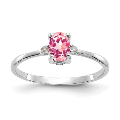 10K Weißgold Ring, poliert, mit echtem Diamant/rosa Turmalin-Geburtsstein