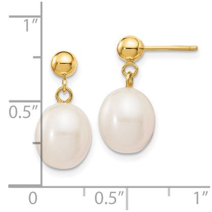 10K Gelbgold 8-9mm Weiß Rice Süßwasser Zuchtperle Hängend Ohrstecker