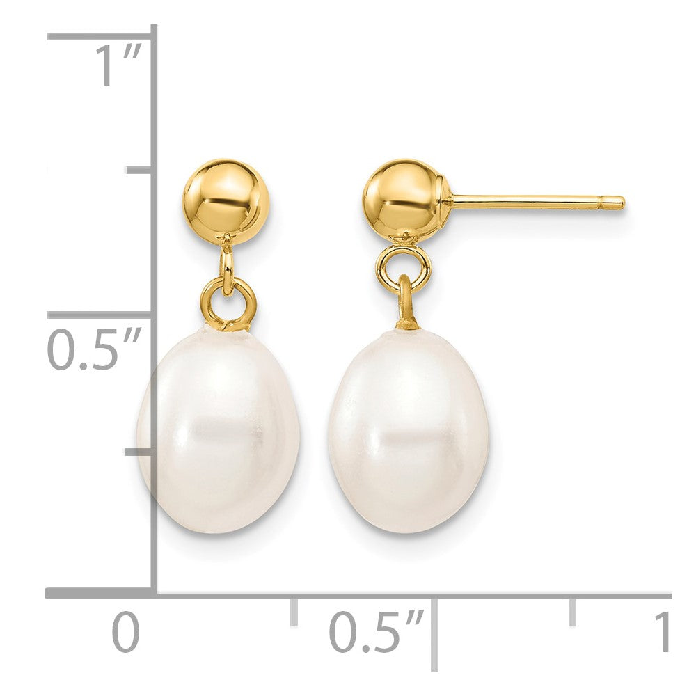 10K Gelbgold 7-8mm Weiß Rice Süßwasser Zuchtperle Hängend Ohrstecker