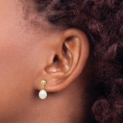 10K Gelbgold 6-7mm Weiß Rice Süßwasser Zuchtperle Hängend Ohrstecker