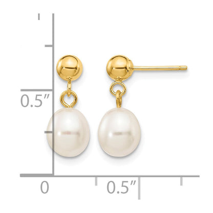 10K Gelbgold 6-7mm Weiß Rice Süßwasser Zuchtperle Hängend Ohrstecker