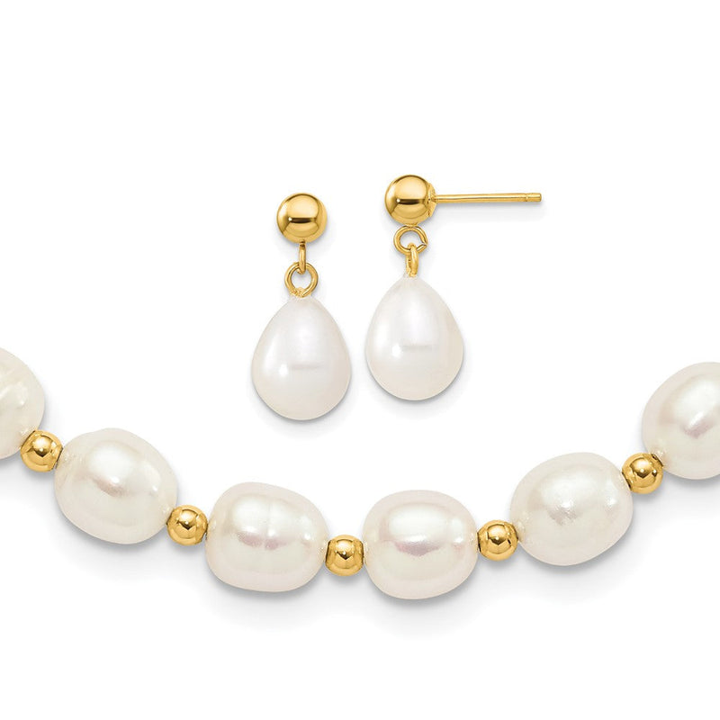10K Gelbgold 7-8mm Weiß Rice Süßwasser Zuchtperle 18 Zoll Halskette und Perle Stecker Hängend Ohrring Set