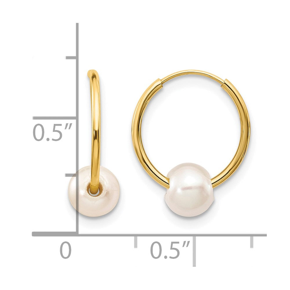 10K Gelbgold 5-6mm Weiß Halb-round Süßwasser Zuchtperle Endlos Creolen