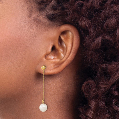 10K Gelbgold 7-8mm Weiß Rund Süßwasser Zuchtperle Hängend Ohrstecker