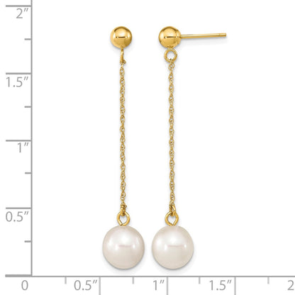 10K Gelbgold 7-8mm Weiß Rund Süßwasser Zuchtperle Hängend Ohrstecker