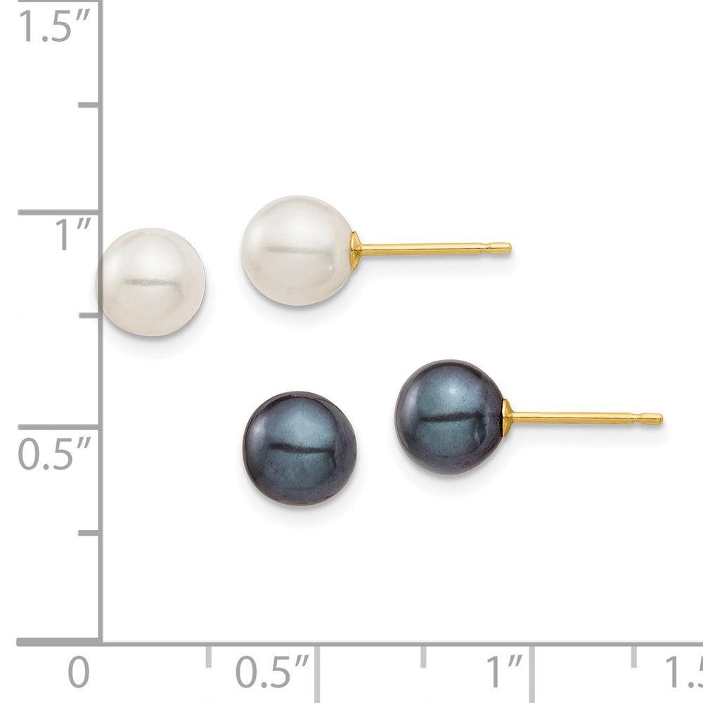 10K Gelbgold 10K 6-7mm Schwarz und Weiß Rund Süßwasser Perle 2 Pair Ohrstecker Set