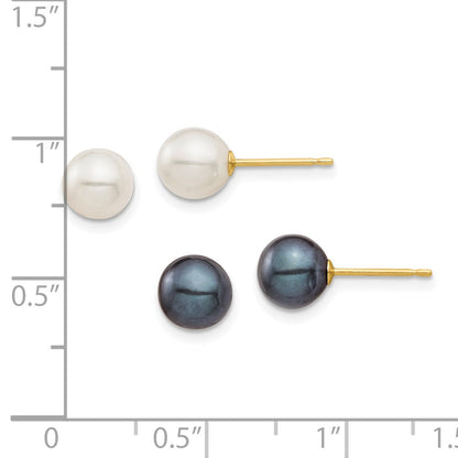10K Gelbgold 10K 6-7mm Schwarz und Weiß Rund Süßwasser Perle 2 Pair Ohrstecker Set