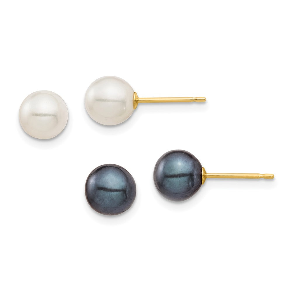 10K Gelbgold 10K 6-7mm Schwarz und Weiß Rund Süßwasser Perle 2 Pair Ohrstecker Set