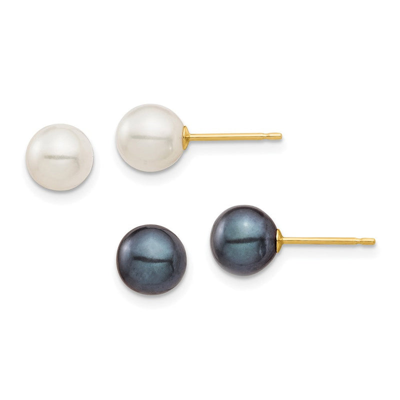 10K Gelbgold 10K 6-7mm Schwarz und Weiß Rund Süßwasser Perle 2 Pair Ohrstecker Set