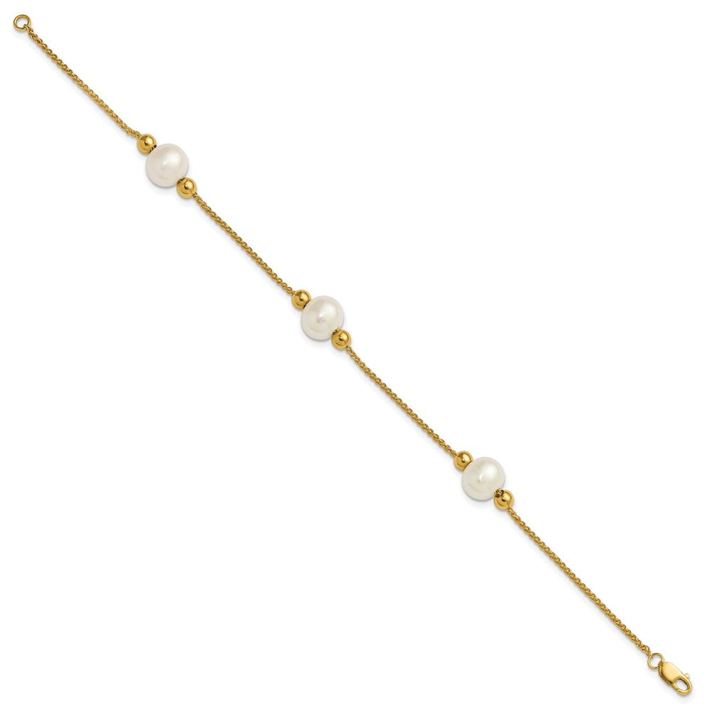 10K Gelbgold Poliert 8-9mm Halb-round Weiß Süßwasser Zuchtperle 3-station 7.5 Zoll Armband