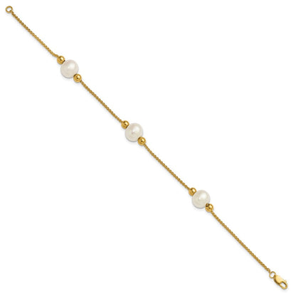 10K Gelbgold Poliert 8-9mm Halb-round Weiß Süßwasser Zuchtperle 3-station 7.5 Zoll Armband