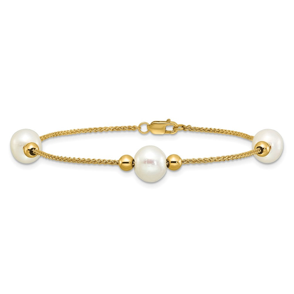 10K Gelbgold Poliert 8-9mm Halb-round Weiß Süßwasser Zuchtperle 3-station 7.5 Zoll Armband
