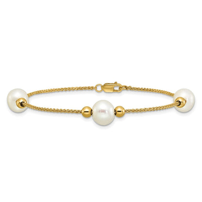 10K Gelbgold Poliert 8-9mm Halb-round Weiß Süßwasser Zuchtperle 3-station 7.5 Zoll Armband